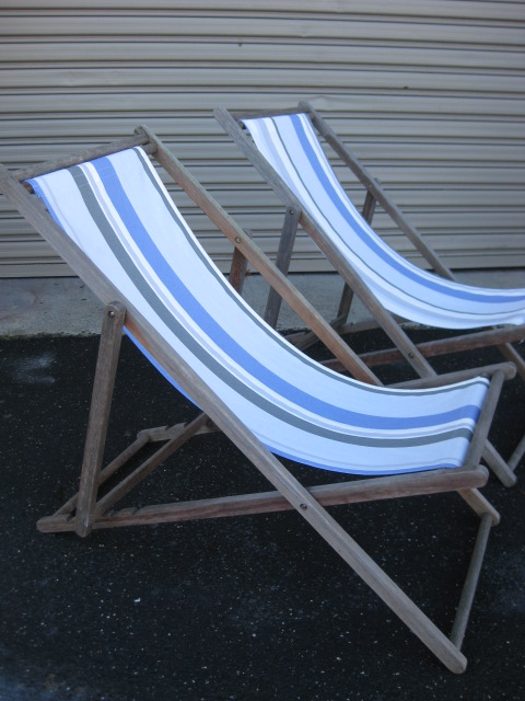 CHAIR, Deck Chair - Blue, Grey & White, Aged Timber Frame